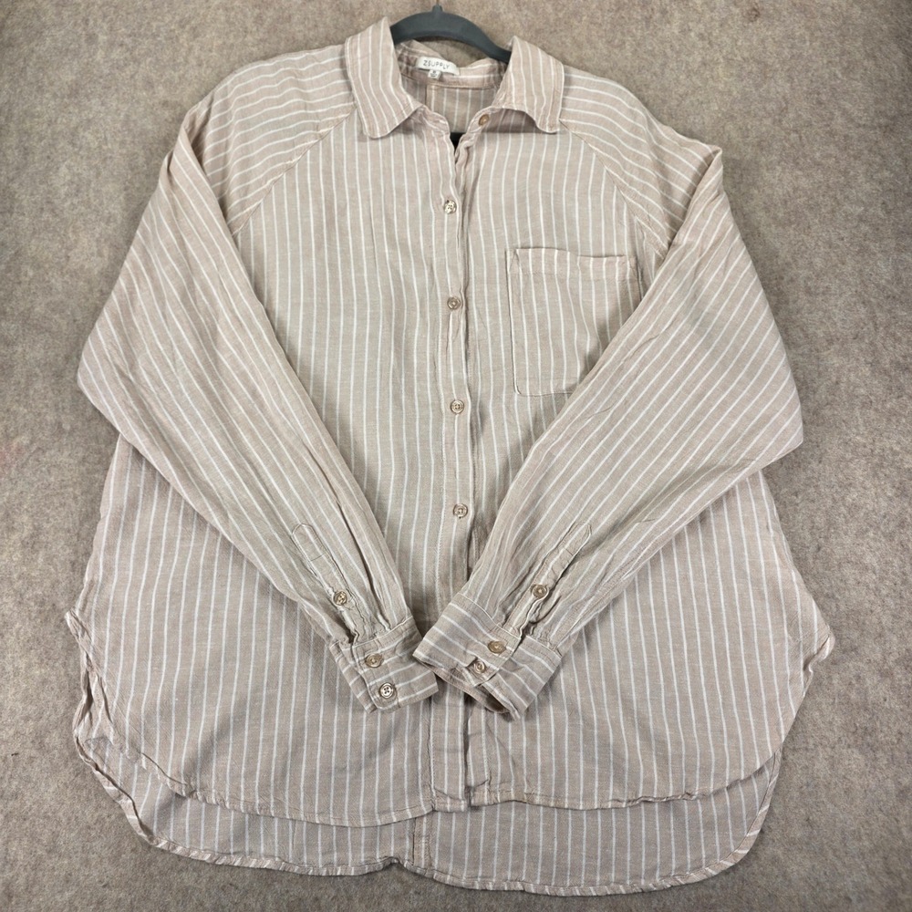 Z Supply Tan White Striped Button Down Shirt Raglan Long Sleeve XL